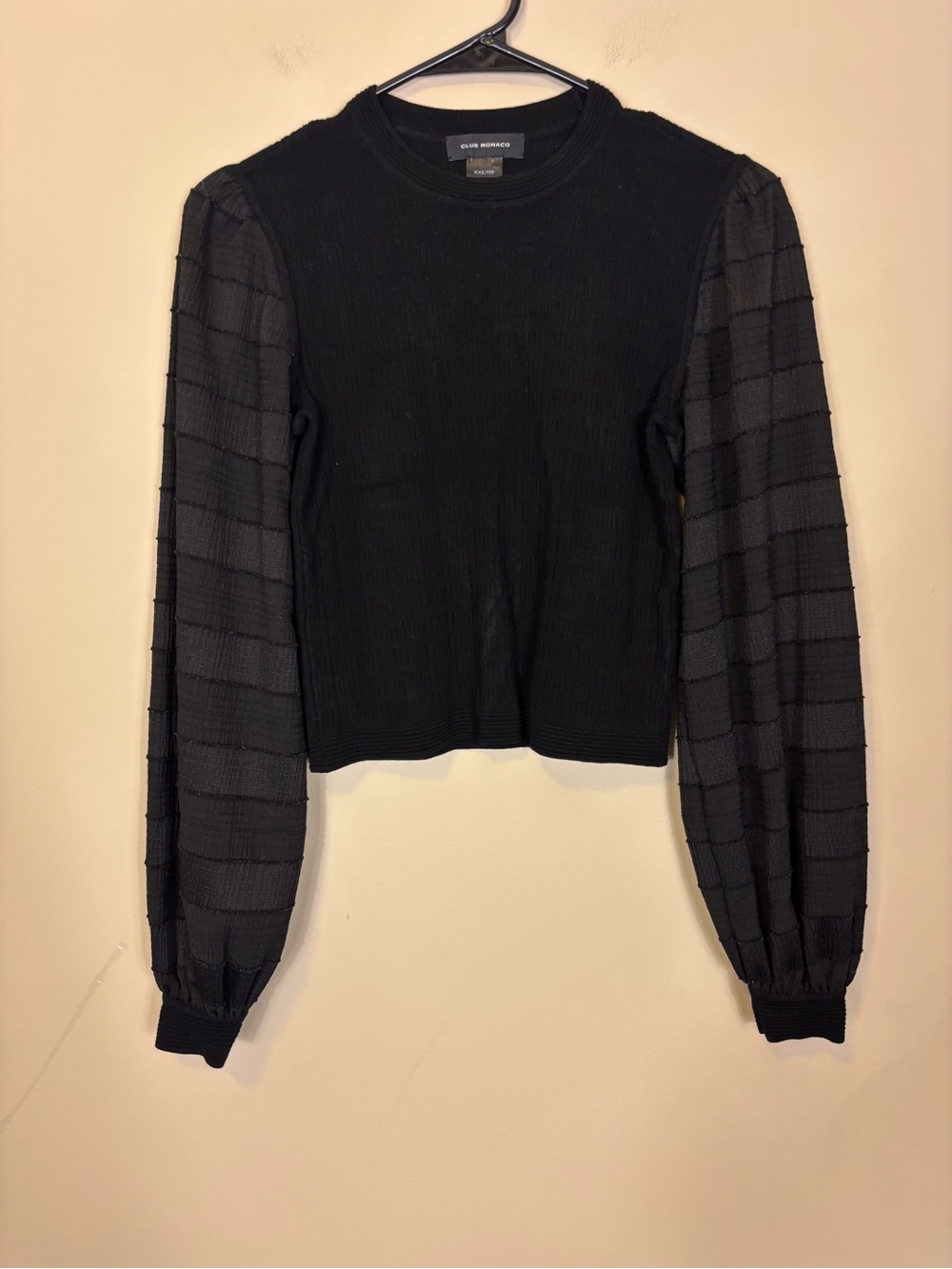 Club Monaco Black Ribbed Sweater Top with Puff Sleeves XXS